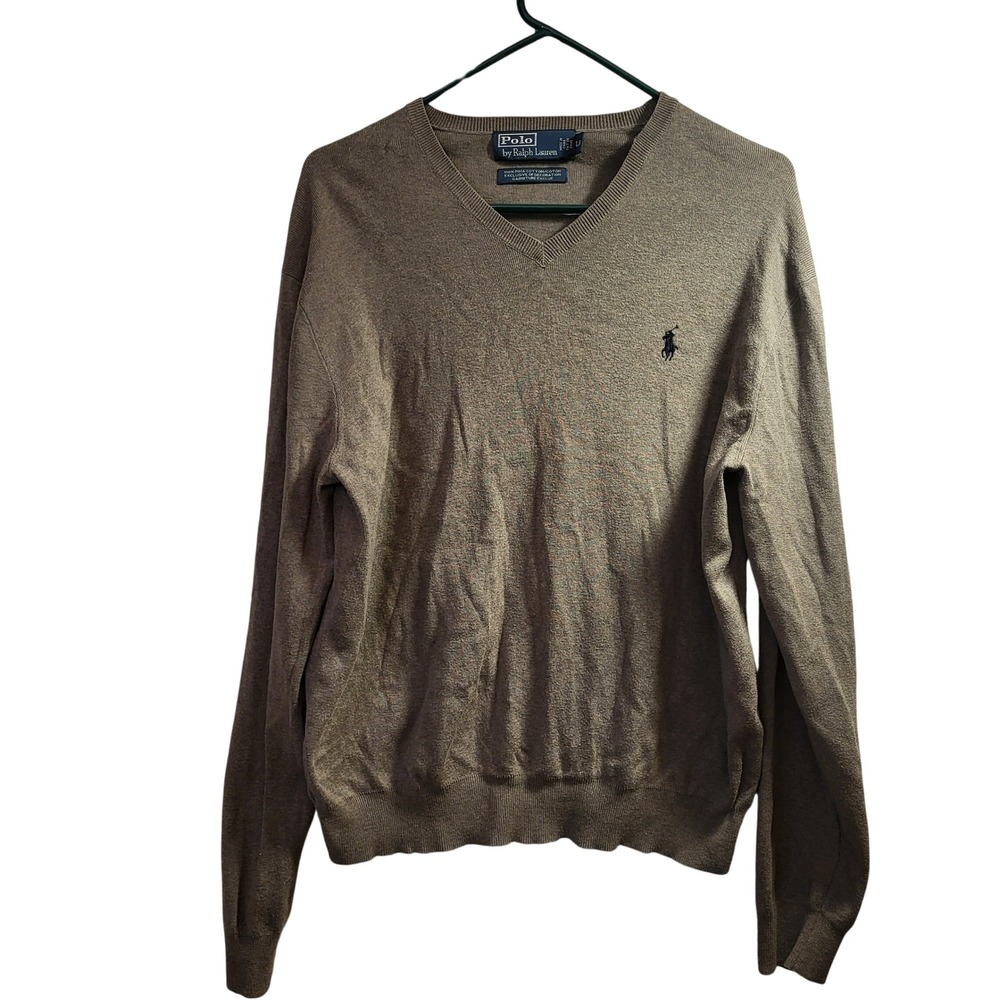 Polo‎ Ralph Lauren Mens V Neck Sweater Gray Pima Cotton Long Sleeve Size L